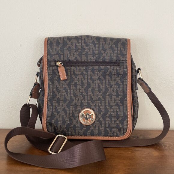 NX Brown Black All Over Logo Purse Crossbody Shoulder Sm Messenger Bag *READ* - Picture 1 of 12